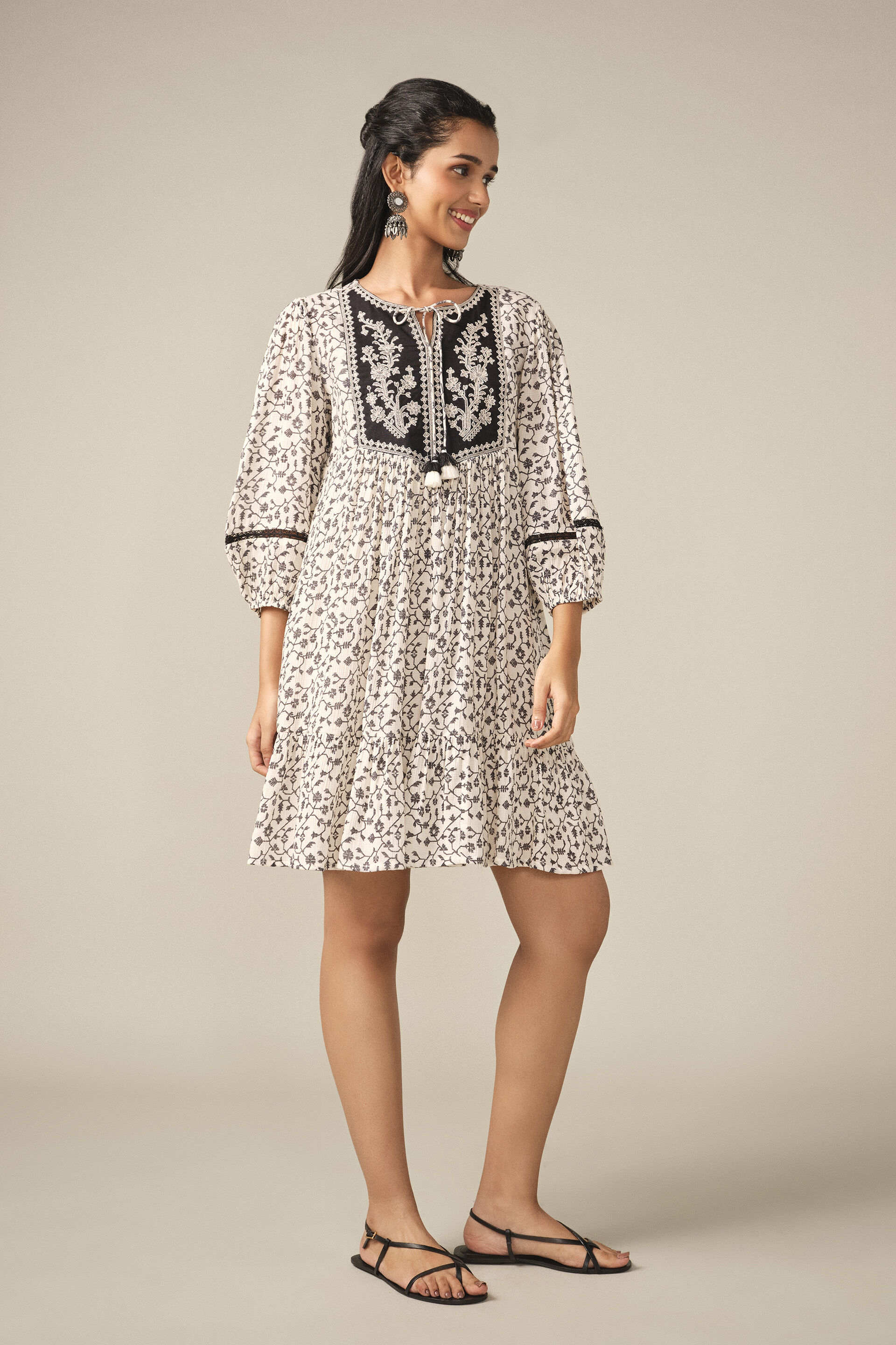 Embroidered Tiered Dress in Off White, Off White, image 4